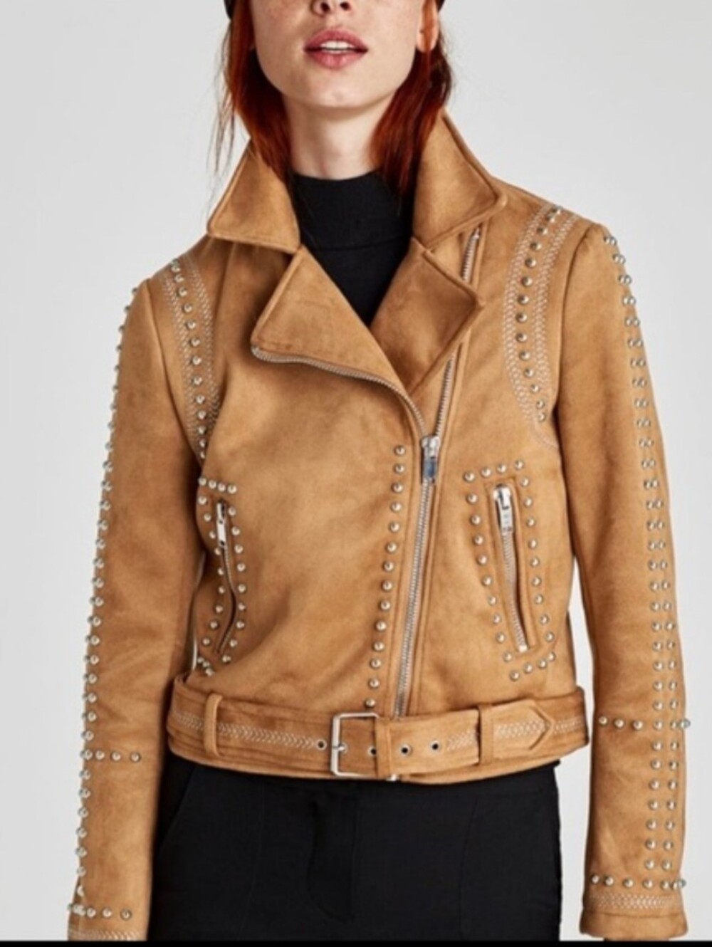 Zara Camel Faux Suede Studded Moto Biker Jacket